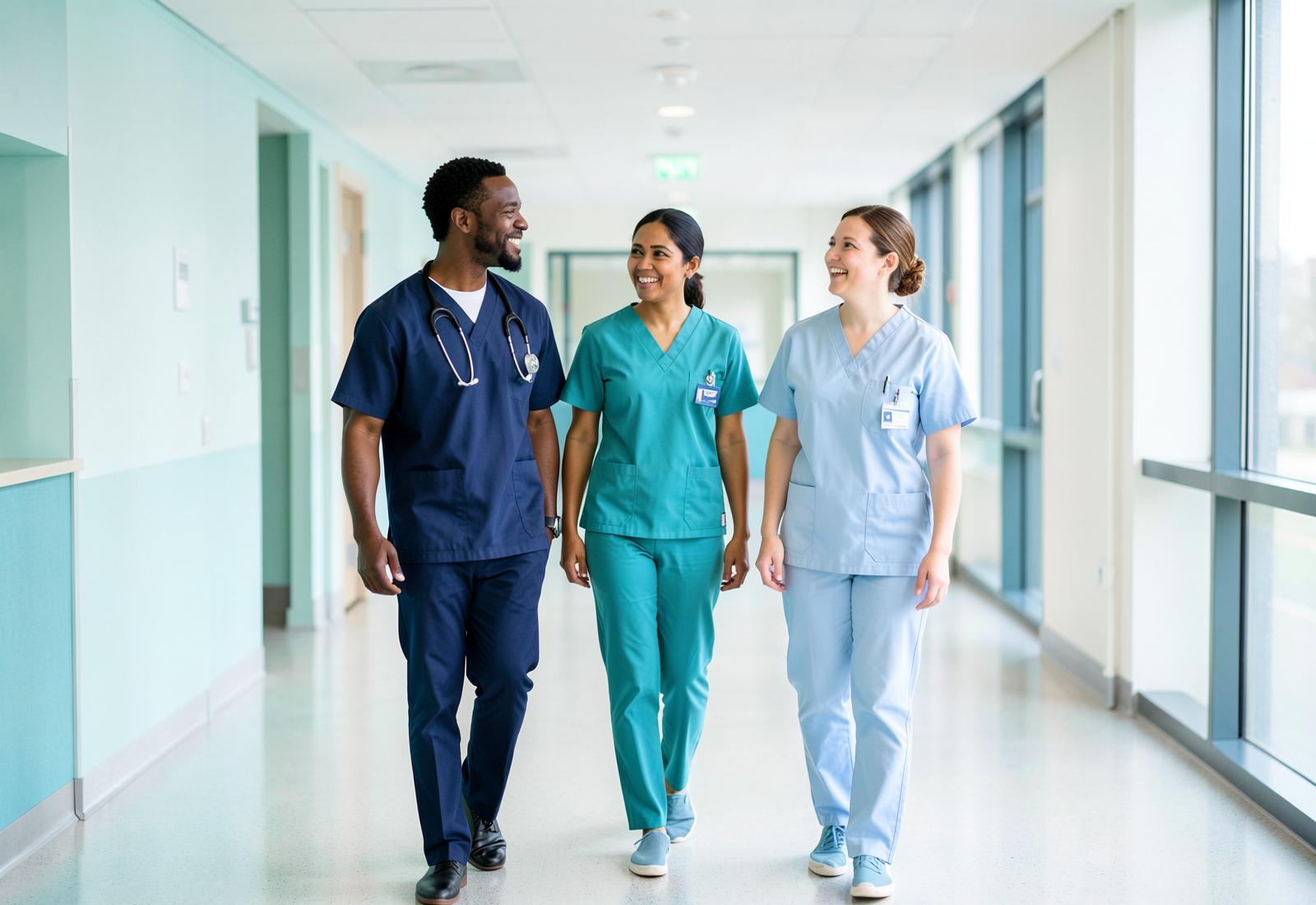 A diverse team of healthcare professionals walking through a hospital
